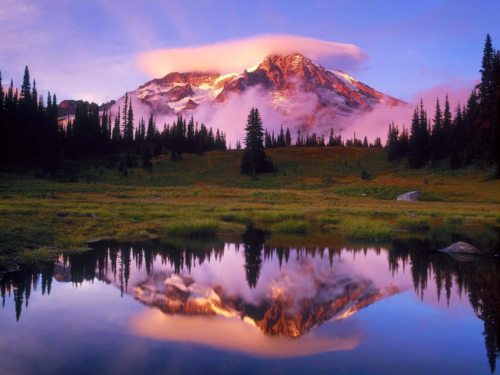 Mount Rainier and Lenticular Cloud Reflected at Sunset Washington