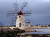 Windmills at Infersa Salt Pans Marsala Sicily Italy